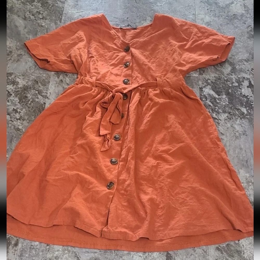 Womens Simplee Orange Button Down V-Neck Dress Size Medium